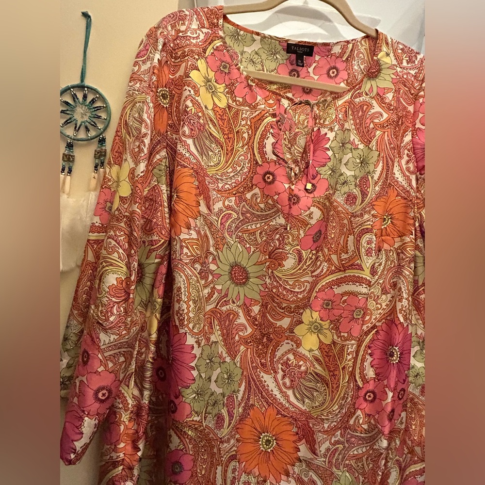 Talbots NWOT Silk 100% 1X Top Floral Paisley Hot pink orange lime 3/4 sleeve - Picture 7 of 16